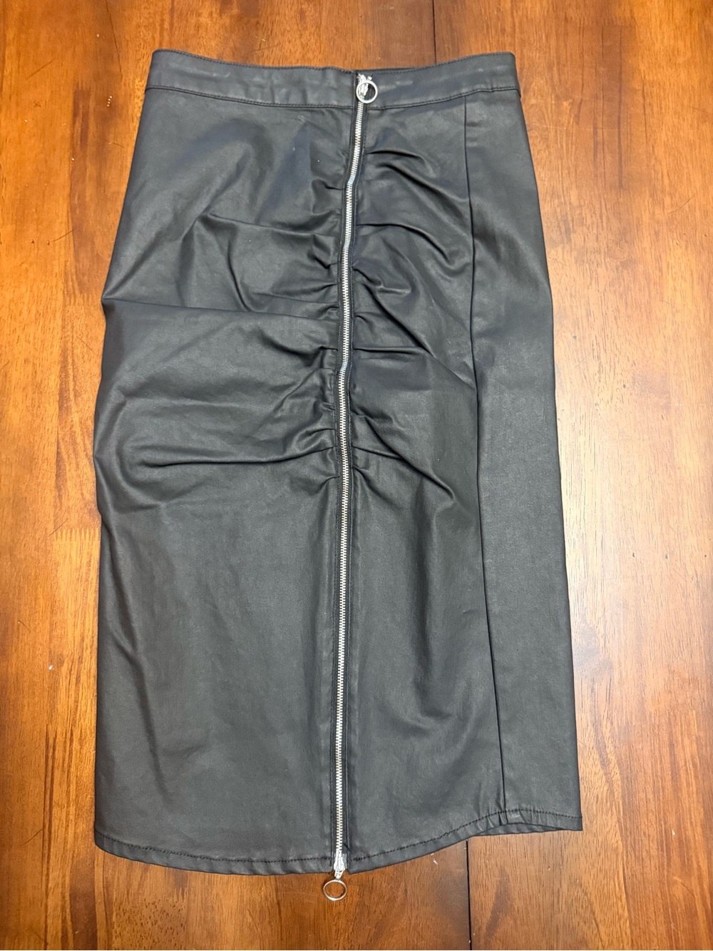 Zara Black Ruched Front-Zip Midi Skirt Size Small